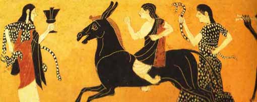 Le retour d'Héphaistos a Olympe. Ici il est représenté par des pattes d'animal étant donné que de tous les dieux il était le  moins gracieux (525 av-Jc)